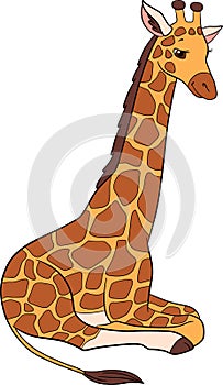 Cartoon wild animals. Big kind giraffe with long neck lays and smiles