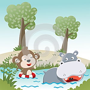Cartoon wild animals concept, cute hippotamus and monkey in the swamp. Creative vector childish background for fabric, textile,