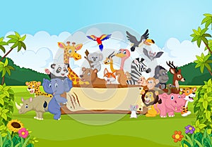 Cartoon wild animals holding banner