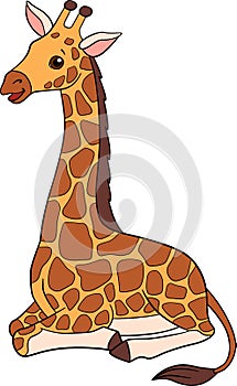 Cartoon wild animals. Little cute baby giraffe with long neck lays and smiles