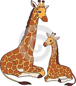 Cartoon wild animals. Mother giraffe with her little cute baby giraffe. They smile