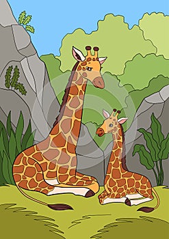 Cartoon wild animals. Mother giraffe with her little cute baby giraffe. They smile