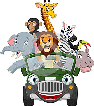 Cartoon wild animals riding a green car