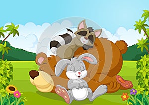 Cartoon wild animals sleeping in the jungle