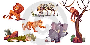 Cartoon wild animals in zoo or safari park set