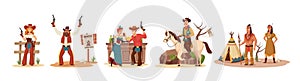 Cartoon wild west. Sheriff and cowgirl characters, wanted outlaw, saloon scene and Native Americans vector illustration