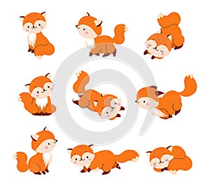 Cartoon wildlife fox. Red foxes jump, sleep and run. Cute forest mascot, funny children animal characters design