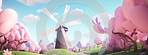 Cartoon windmill in a field of pink flowers and green grass under a blue sky with white clouds