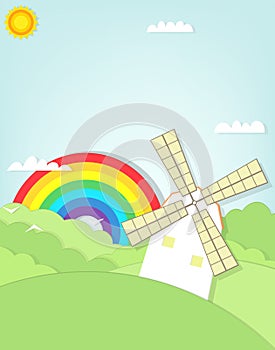 Cartoon windmill in grass field