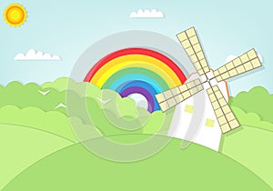 Cartoon windmill in grass field