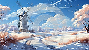 Cartoon windmill in snow in winter as sustainable. Generative AI.