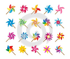 Cartoon windmill toy. Pinwheel spinner cute summer baby toy collection propelled by wind breeze. Vector colorful paper