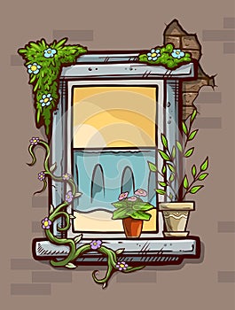 Cartoon window with bush and flowers in flowerpot