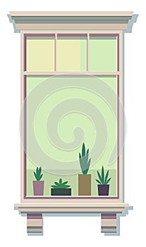 Cartoon window. Cute wooden frame with flowerpots