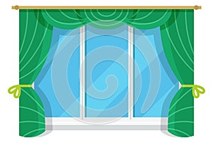 Cartoon window with green drapery. Cozy home element