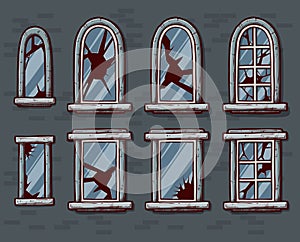 Cartoon windows with broken glass