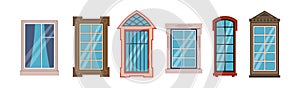 Cartoon windows frames. Colorful various wooden and plastic office, home or store window, outdoor front view building