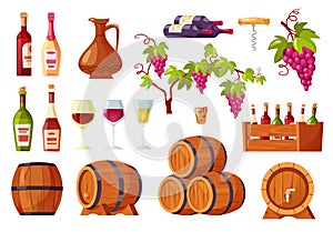 Cartoon wine. Alcohol bottles and barrels, wooden corkscrew, bunch of grapes and glasses of wine isolated vector set