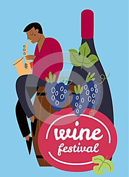 Cartoon wine card. Festival invitation. Grapes and alcohol beverage bottle. Drinks tasting. Man playing saxophone
