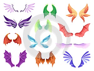 Cartoon wings of fairy creatures, fantasy characters and animals. Set of different wings pairs dragon, monster