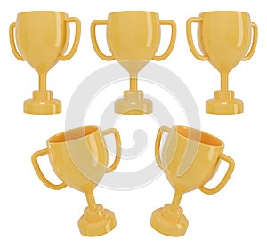 Cartoon winner cup set in different positions. Trophy awards. 3D rendering. photo