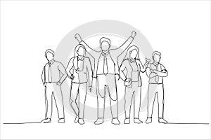 Cartoon of winning business team. Single continuous line art style