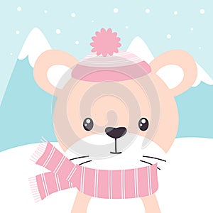 Cartoon winter card of mouse on snow background