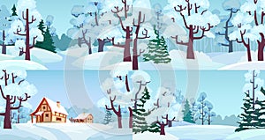 Cartoon winter forest landscapes. Village in woods with snow caps on houses, snowed field and winter trees vector
