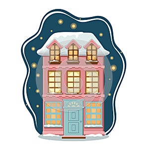 Cartoon winter house covered with snow on night background. Vector illustration in flat style