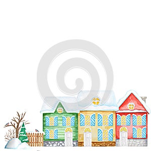 Cartoon Winter House with wooden fence and Bullfinch bird couple, snowdrifts, Christmas tree. Front view. Watercolor New