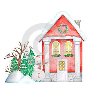 Cartoon Winter House with wooden fence and Bullfinch bird couple, Snowman, snowdrifts, Christmas tree. Front view