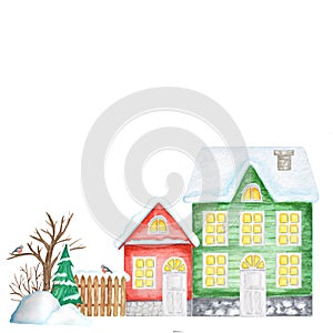 Cartoon Winter House with wooden fence and Bullfinch bird couple, Snowman, snowdrifts, Christmas tree. Front view