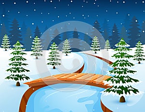 Cartoon winter landscape with forest and small wooden bridge over river