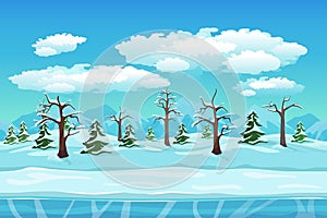Cartoon winter landscape with ice, snow and cloudy