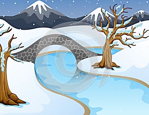Cartoon winter landscape with mountains and small stone bridge over river