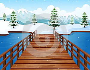 Cartoon winter landscape with mountains and wooden bridge over river