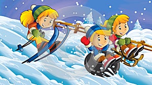 Cartoon winter nature scene with kids having fun sliding and skiing - illustration