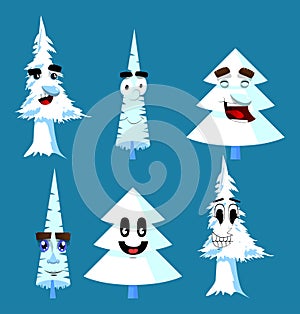 Cartoon winter pine trees with faces.