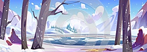 Cartoon winter snowy landscape with lake in forest