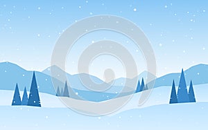 Cartoon Winter snowy Mountains landscape with pines and hills