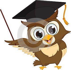 Cartoon wise owl with pointer giving educational presentations