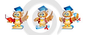 Cartoon wise owl teacher or professor character.