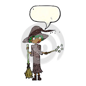 cartoon witch casting spell with speech bubble