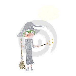 cartoon witch casting spell with thought bubble