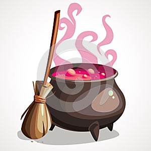 Cartoon witch cauldron and broom for halloween.