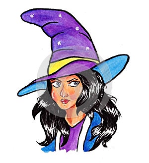 Cartoon witch halloween watercolor painting