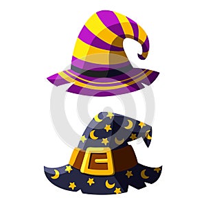 Cartoon witch hat vector icon, magician headwear with black and yellow stripes.