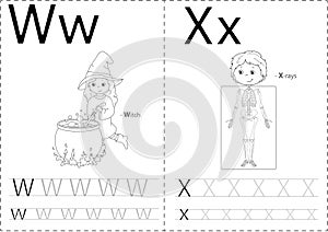 Cartoon witch and x-rays. Alphabet tracing worksheet