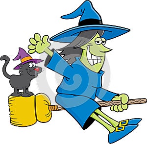 Cartoon witch riding a broom with a cat while she is waving.