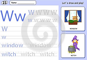 Cartoon witch and window. Alphabet tracing worksheet